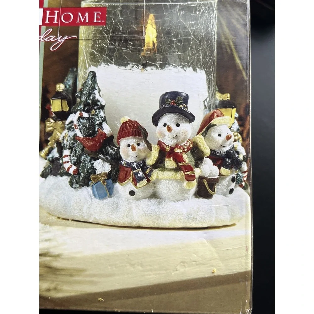 Living Home Holiday Scene Decorative Hurricane Lamp With Candle Snowmen Tree New